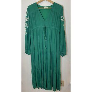 In Loom Maxi Dress Tiered Long Sleeve Embroidery Green Cream Size Large L